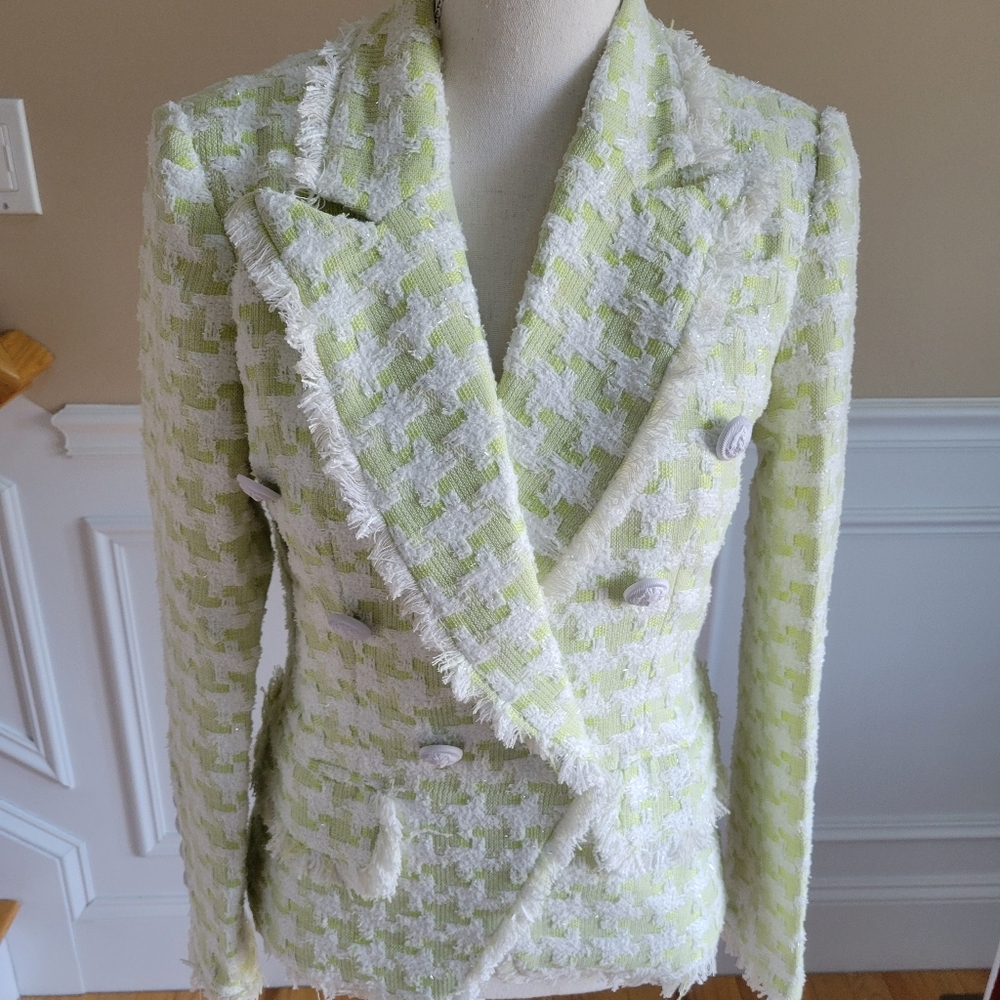 NWOT!! Tassel Fringed Houndstooth Blends Tweed Blazer